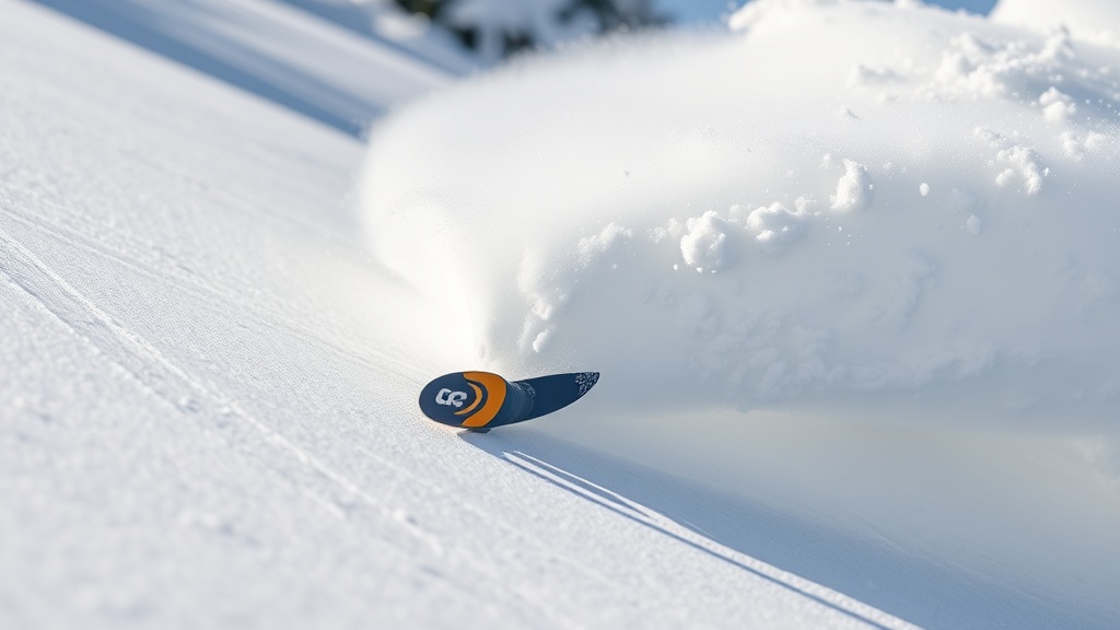 강설에서 스키 엣지가 설면을 깊게 파고들며 안정적인 호를 그리는 모습