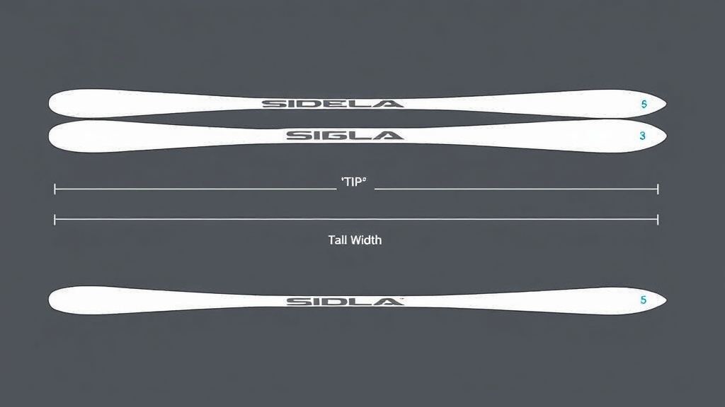 스키 판의 팁, 웨이스트, 테일 너비 차이로 형성되는 사이드컷 곡선과 반경을 설명하는 다이어그램