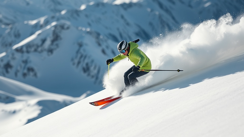 급경사에서 스키어의 안정적인 포지션과 엣지 각도를 보여주는 교육용 이미지